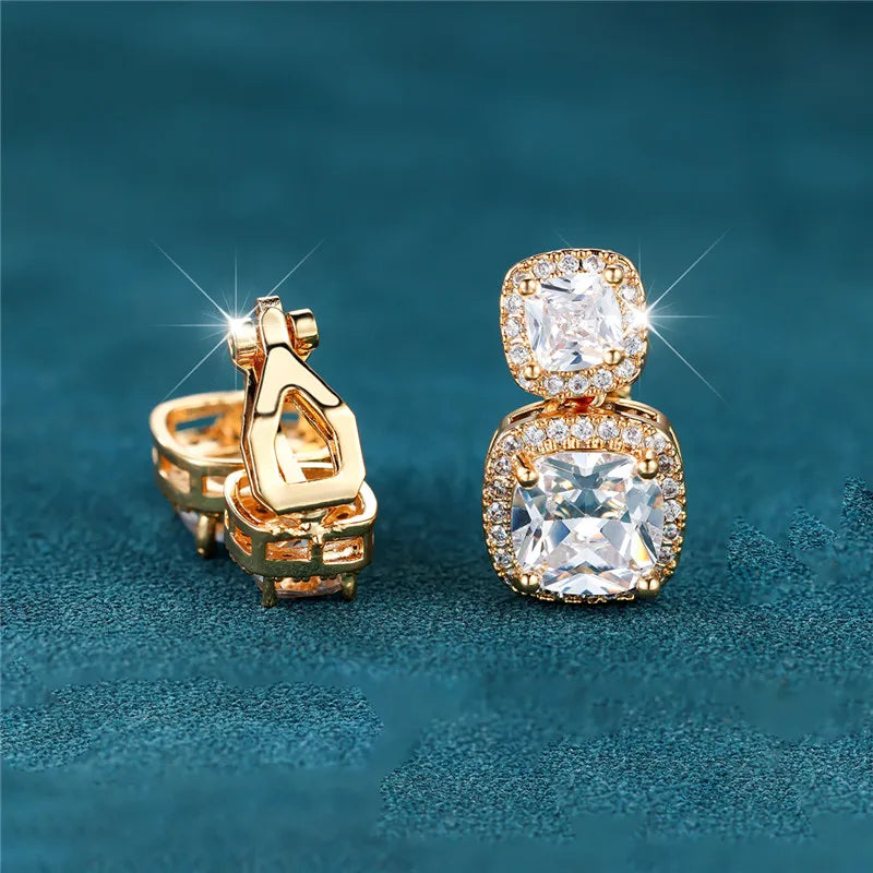 Female Cute Small Clip Earrings White Zircon Round Stone Earrings For Women Vintage Silver Color Crystal Jewelry Bridal Earrings