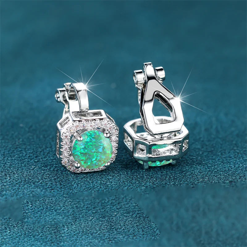 Female Cute Small Clip Earrings White Zircon Round Stone Earrings For Women Vintage Silver Color Crystal Jewelry Bridal Earrings