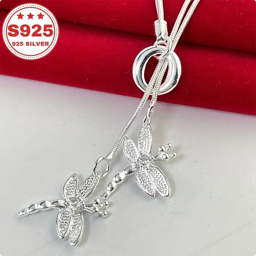 925 Sterling Silver Double Dragonfly Pendant Necklace, Snake Bone Chain Necklace, Fashion Accessory