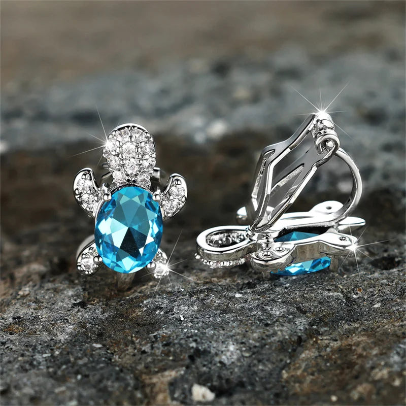 Female Cute Small Clip Earrings White Zircon Round Stone Earrings For Women Vintage Silver Color Crystal Jewelry Bridal Earrings