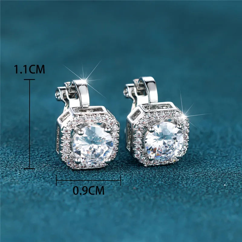 Female Cute Small Clip Earrings White Zircon Round Stone Earrings For Women Vintage Silver Color Crystal Jewelry Bridal Earrings
