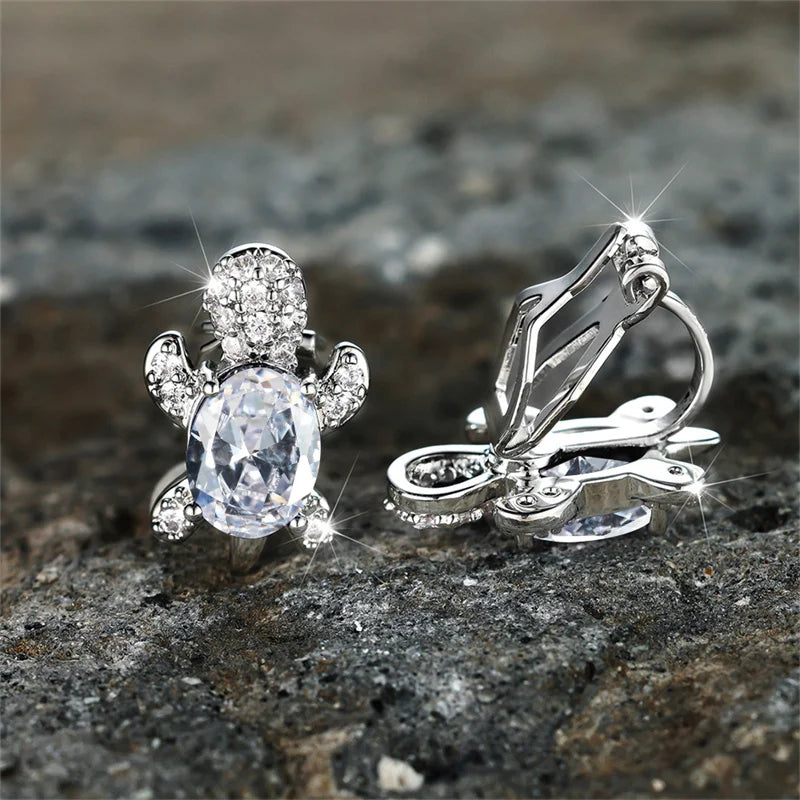 Female Cute Small Clip Earrings White Zircon Round Stone Earrings For Women Vintage Silver Color Crystal Jewelry Bridal Earrings