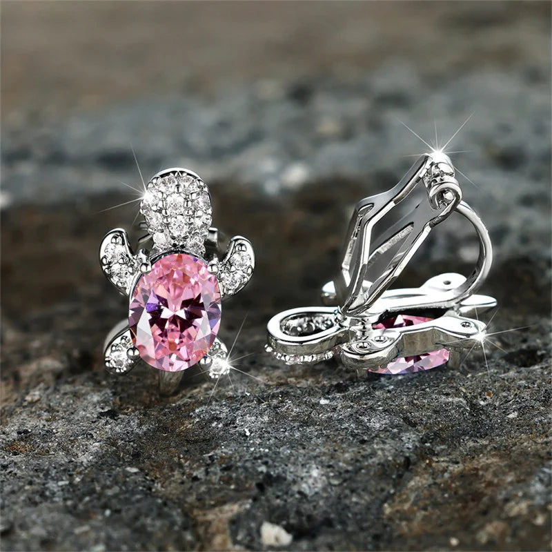 Female Cute Small Clip Earrings White Zircon Round Stone Earrings For Women Vintage Silver Color Crystal Jewelry Bridal Earrings