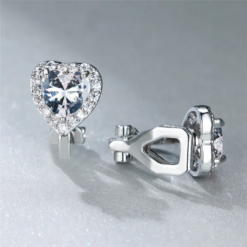 Female Cute Small Clip Earrings White Zircon Round Stone Earrings For Women Vintage Silver Color Crystal Jewelry Bridal Earrings