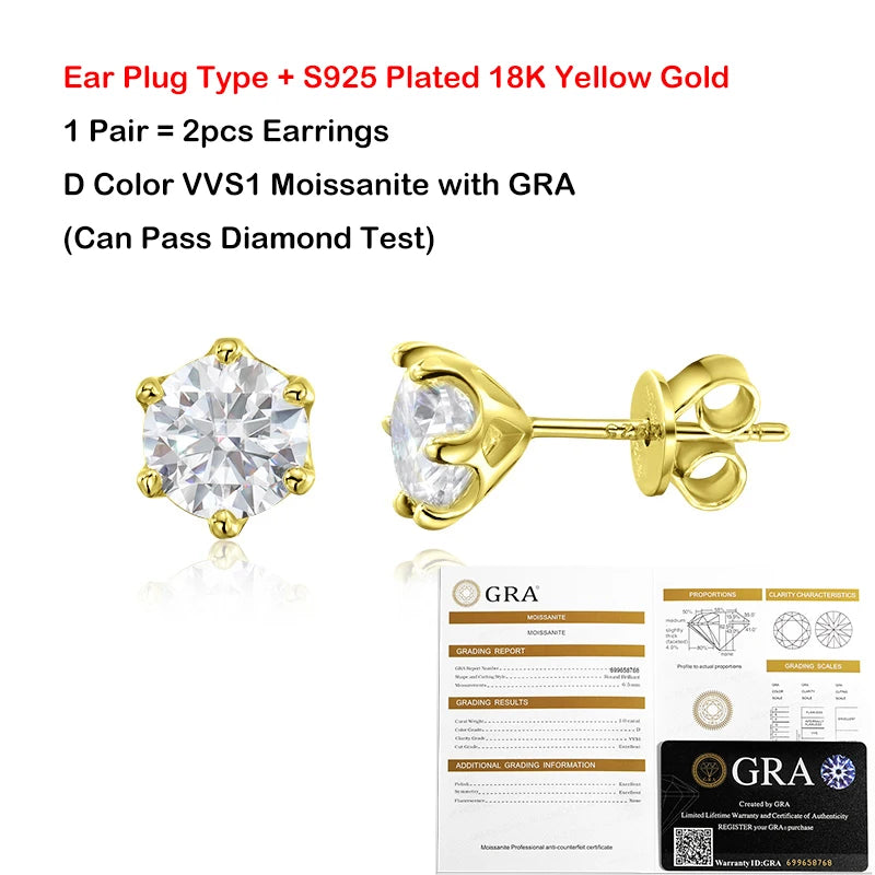 EWYA 0.2/0.5/2ct D Color Moissanite Screw Stud Earrings for Women Men Silver 925 Plated 18K Pass Diamond Test 6 Prong Earring