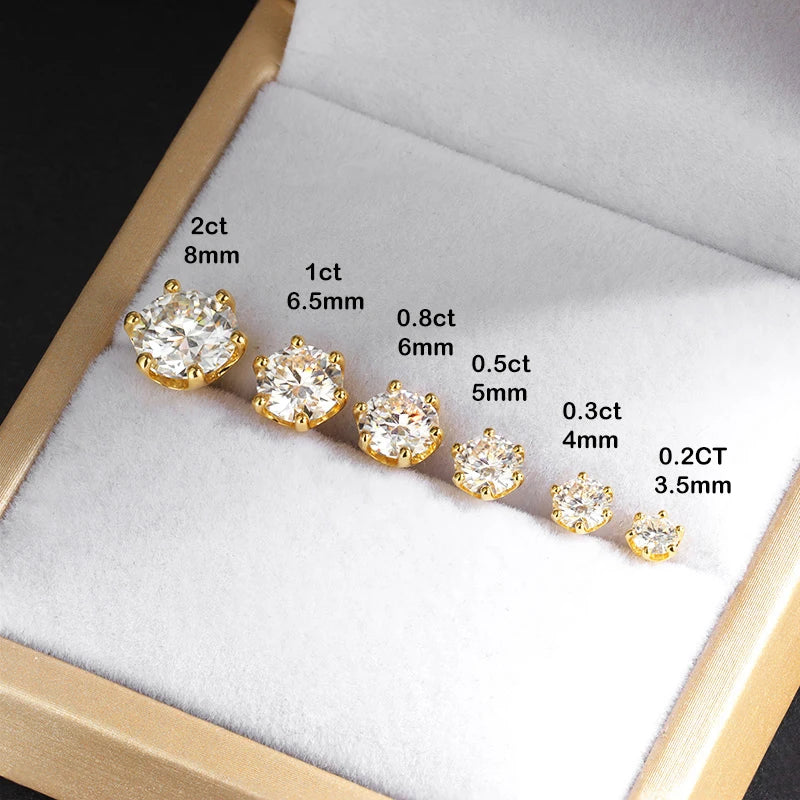 EWYA 0.2/0.5/2ct D Color Moissanite Screw Stud Earrings for Women Men Silver 925 Plated 18K Pass Diamond Test 6 Prong Earring