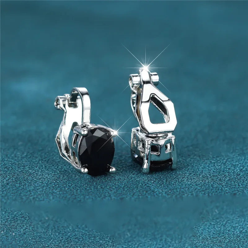 Female Cute Small Clip Earrings White Zircon Round Stone Earrings For Women Vintage Silver Color Crystal Jewelry Bridal Earrings