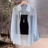 Plus Size Women’s Ice Silk Summer Blouse — breathable, sun-proof, thin, loose, sheer chiffon with buttons and long sleeves.