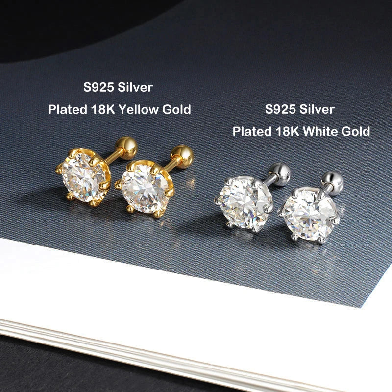 EWYA 0.2/0.5/2ct D Color Moissanite Screw Stud Earrings for Women Men Silver 925 Plated 18K Pass Diamond Test 6 Prong Earring