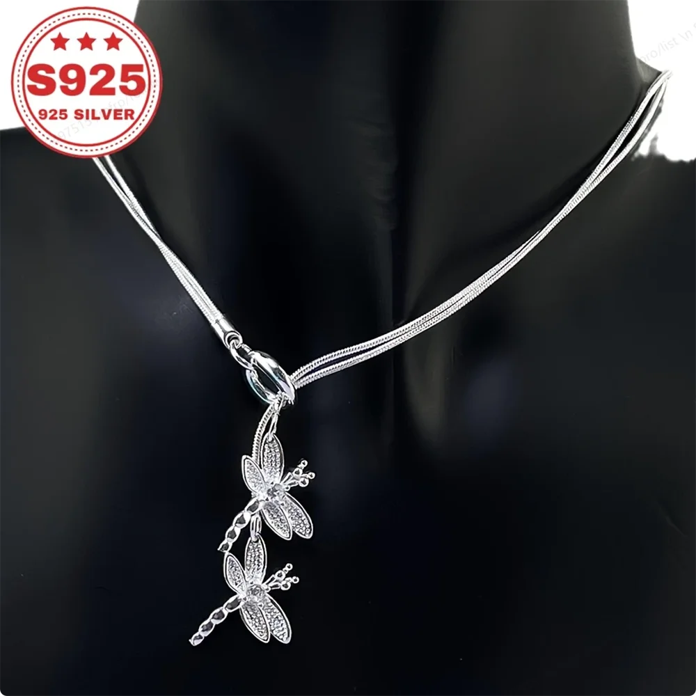925 Sterling Silver Double Dragonfly Pendant Necklace, Snake Bone Chain Necklace, Fashion Accessory