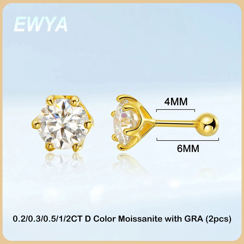 EWYA 0.2/0.5/2ct D Color Moissanite Screw Stud Earrings for Women Men Silver 925 Plated 18K Pass Diamond Test 6 Prong Earring