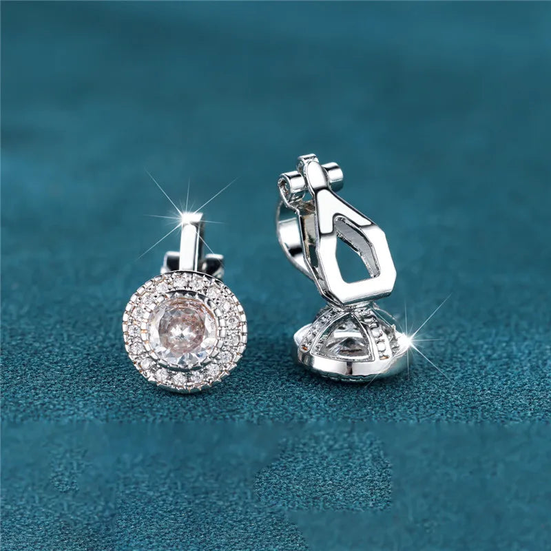 Female Cute Small Clip Earrings White Zircon Round Stone Earrings For Women Vintage Silver Color Crystal Jewelry Bridal Earrings