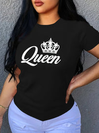 Short Sleeve Crown Letter Print Crew Neck T-Shirt for Spring & Summer Casual Women's Clothing