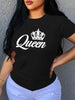 Short Sleeve Crown Letter Print Crew Neck T-Shirt for Spring & Summer Casual Women's Clothing