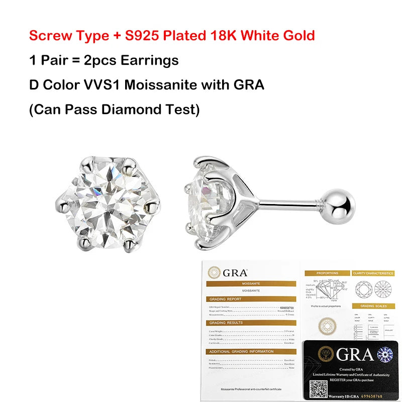 EWYA 0.2/0.5/2ct D Color Moissanite Screw Stud Earrings for Women Men Silver 925 Plated 18K Pass Diamond Test 6 Prong Earring