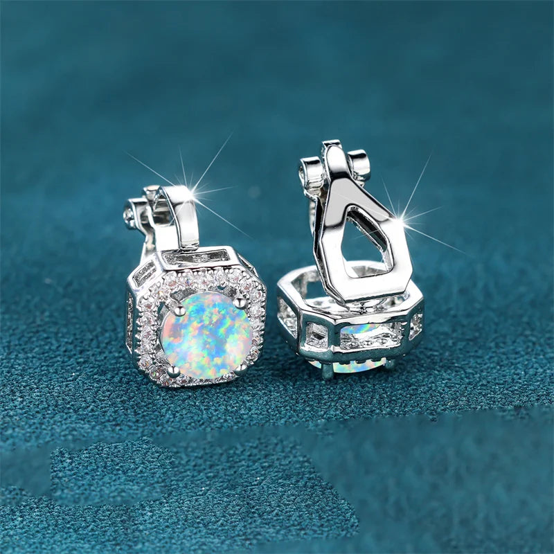 Female Cute Small Clip Earrings White Zircon Round Stone Earrings For Women Vintage Silver Color Crystal Jewelry Bridal Earrings