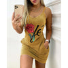 Women Summer Sleeveless Backless 3D Rose Print Camisole TANK Dress Sexy Slim POLYESTER Cotton Wrap Hip Spaghetti Strap Dresses