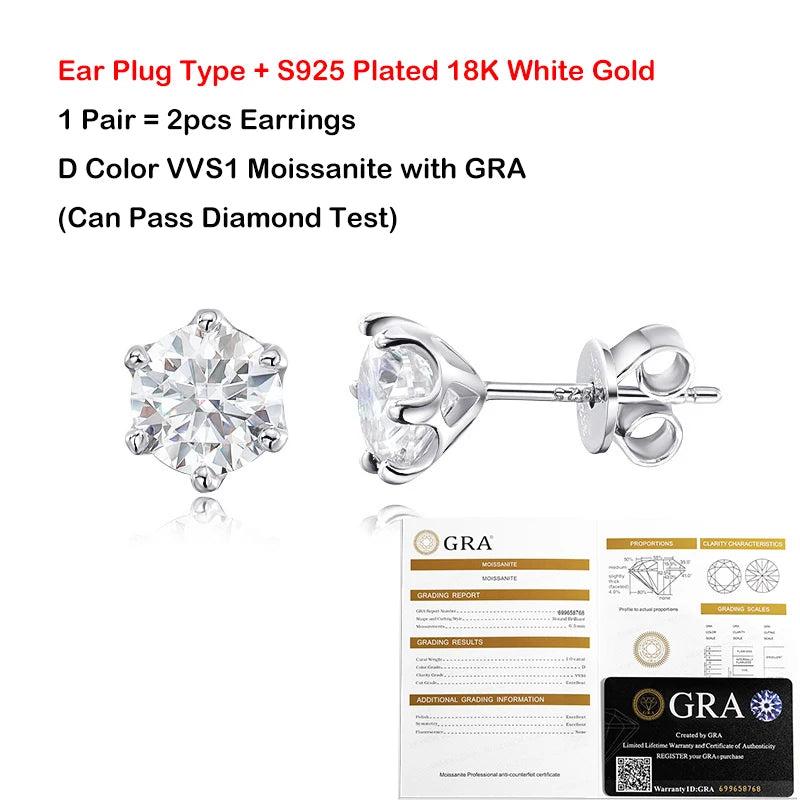 EWYA 0.2/0.5/2ct D Color Moissanite Screw Stud Earrings for Women Men Silver 925 Plated 18K Pass Diamond Test 6 Prong Earring