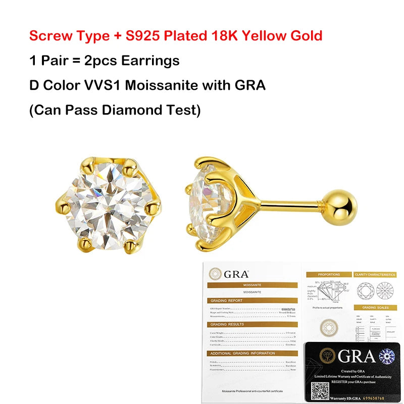 EWYA 0.2/0.5/2ct D Color Moissanite Screw Stud Earrings for Women Men Silver 925 Plated 18K Pass Diamond Test 6 Prong Earring