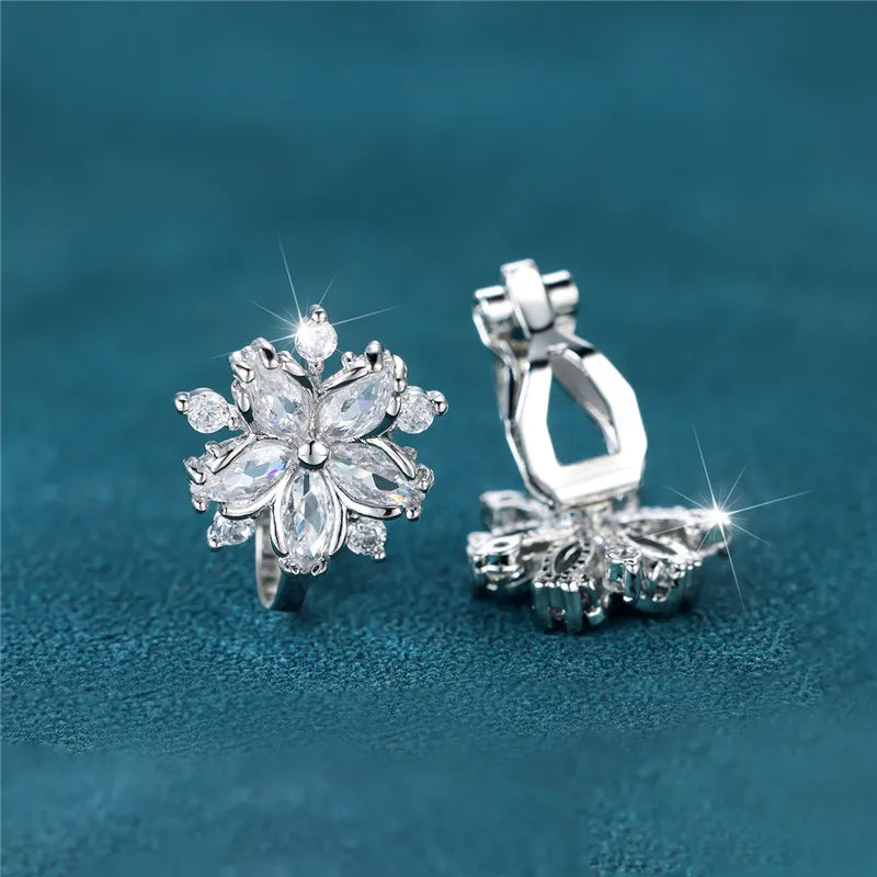 Female Cute Small Clip Earrings White Zircon Round Stone Earrings For Women Vintage Silver Color Crystal Jewelry Bridal Earrings