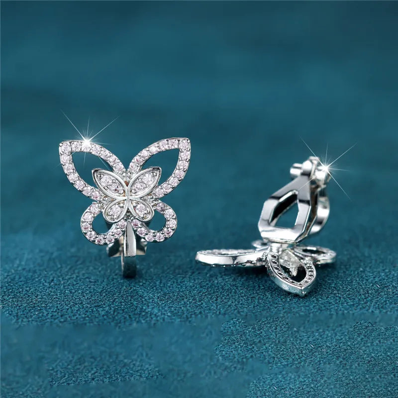 Female Cute Small Clip Earrings White Zircon Round Stone Earrings For Women Vintage Silver Color Crystal Jewelry Bridal Earrings