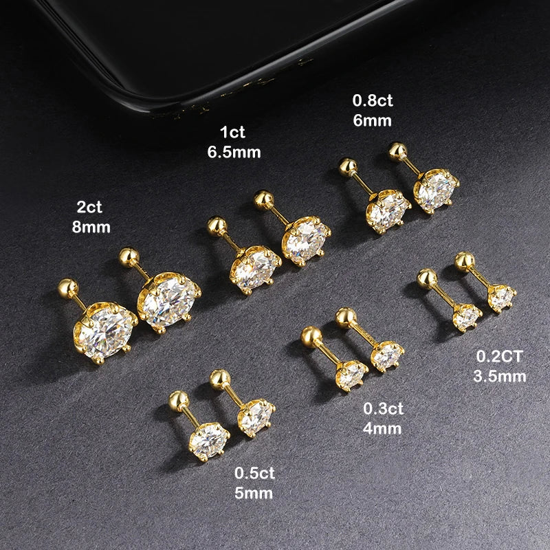EWYA 0.2/0.5/2ct D Color Moissanite Screw Stud Earrings for Women Men Silver 925 Plated 18K Pass Diamond Test 6 Prong Earring