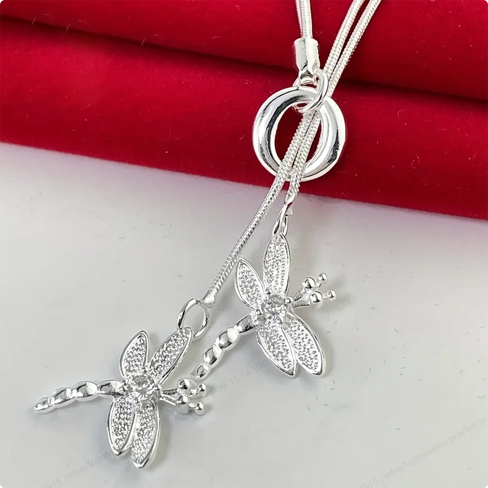 925 Sterling Silver Double Dragonfly Pendant Necklace, Snake Bone Chain Necklace, Fashion Accessory